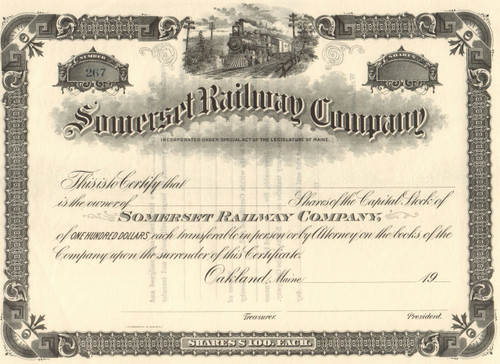 Somerset Railway Company stock certificate circa 1904 (Maine)