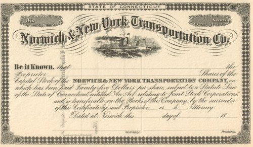 Norwich and New York Transportation Co. stock certificate 1860's