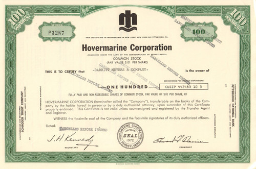 Hovermarine Corporation stock certificate 1973