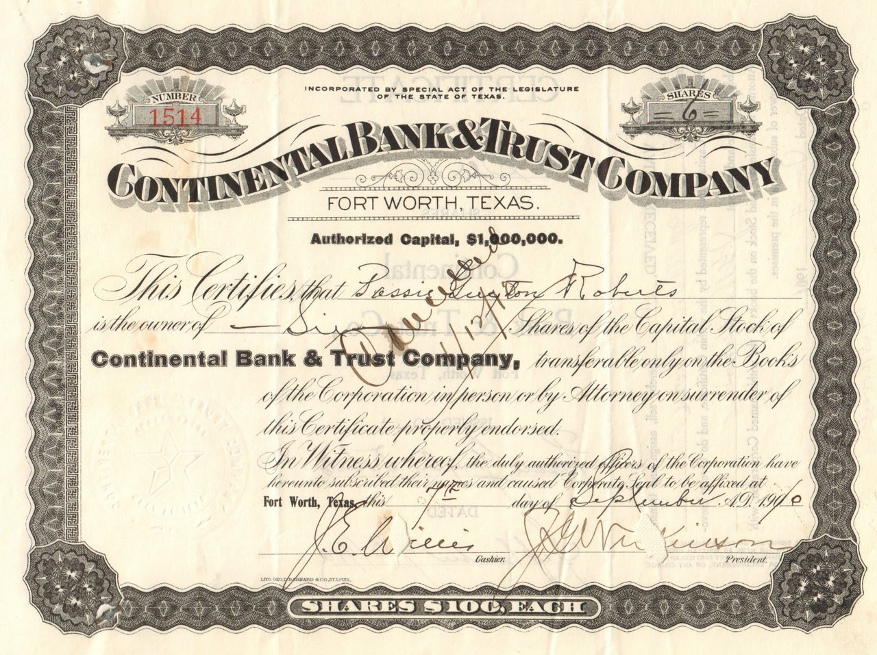 Continental National Bank Stock Certificate Fort Worth Texas
