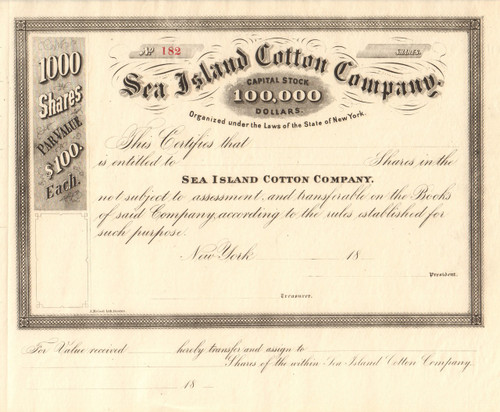 Sea Island Cotton Company Company stock certificate 1890's (New York)
