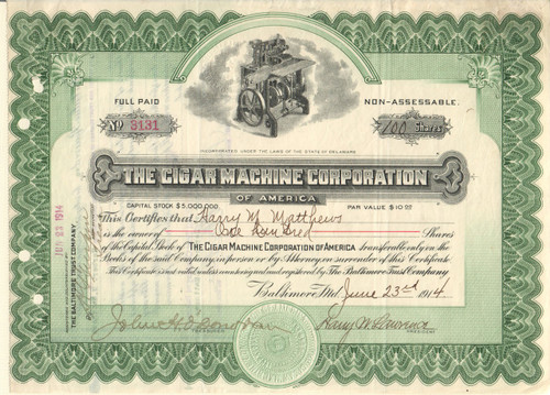 Cigar Machine Corporation of America stock certificate 1914 (Baltimore MD)