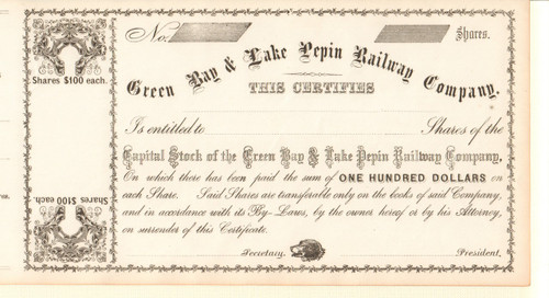 Green Bay and Lake Pepin Railway Company  stock certificate 1860's (Wisconsin)