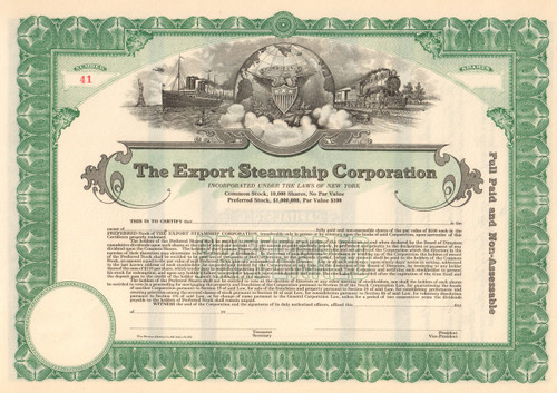 Export Steamship Corporation stock certificate 1920's (New York)