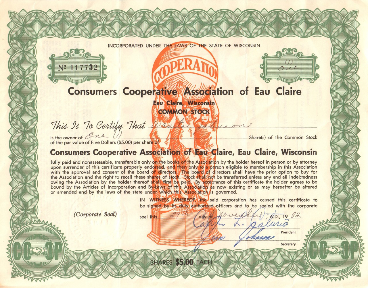 Consumers Cooperative Association of Eau Claire stock certificate 1982