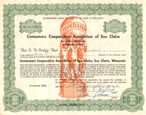 Consumers Cooperative Association of Eau Claire stock certificate 1982 (Wisconsin)