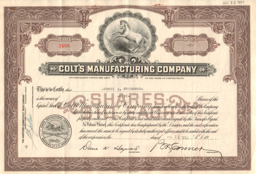 Colt's Manufacturing Company stock certificate 1950's (Connecticut)