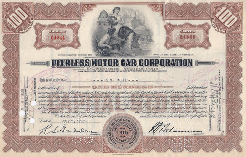 Peerless Motor Car stock certificate 1930
