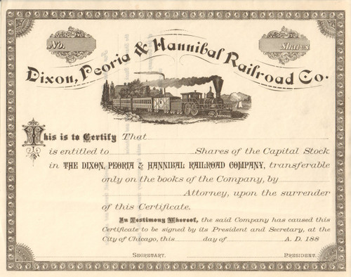 Dixon, Peoria, and Hannibal Railroad Co stock certificate 1880's (Illinois) 