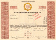 Fountain Powerboat Industries stock certificate 1988 (speed boats) 