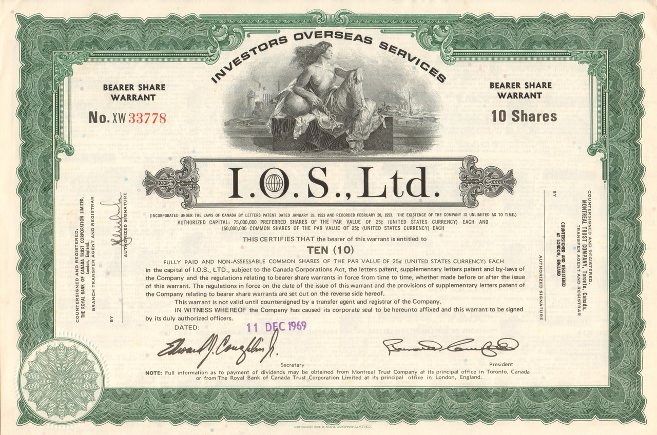 Ltd Investors Overseas Services Warrant 1970 Bernie Cornfeld coupons IOS I.O.S