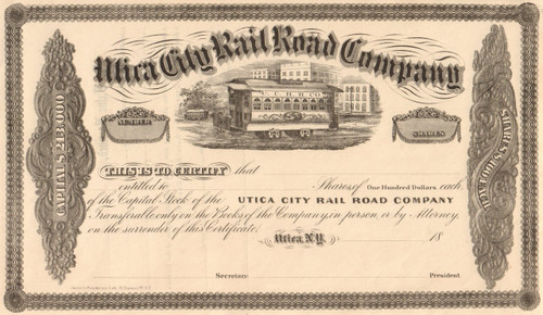 Utica City Rail Road Company stock certificate 1862 (New York) 