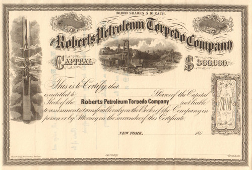 Roberts Petroleum Torpedo Company stock certificate circa 1865 (New York) 