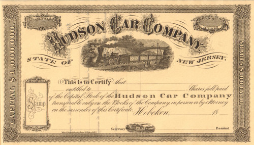 Hudson Car Company stock certificate circa 1868 (New Jersey)