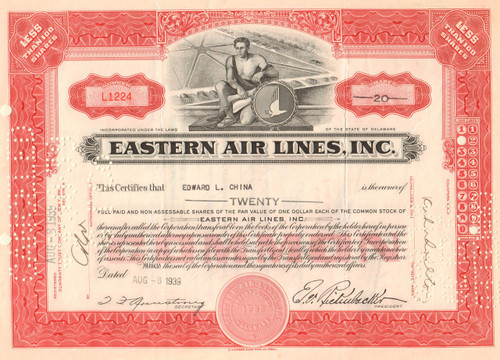 Eastern Air Lines stock certificate 1939 - Eddie Rickenbacker as president
