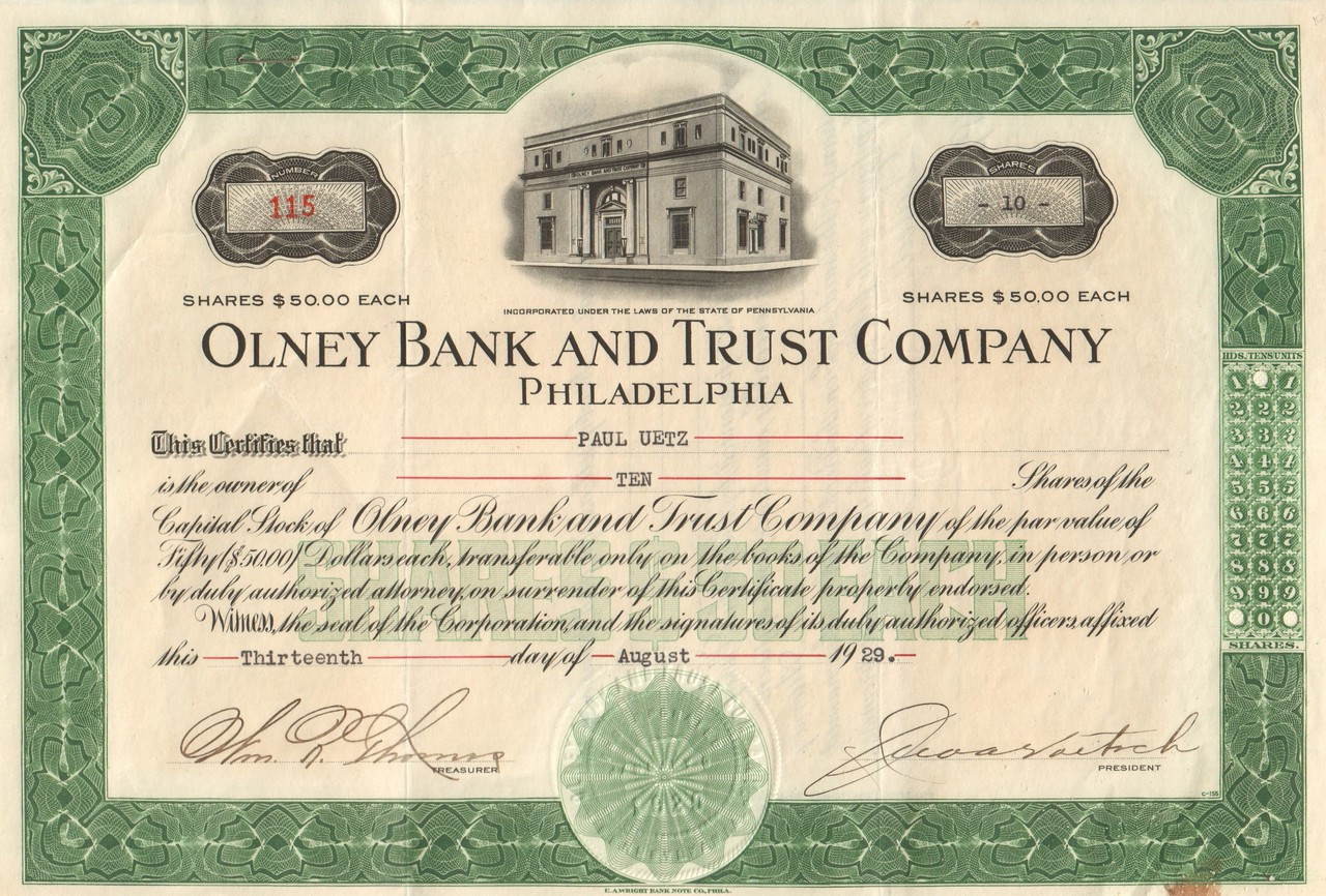 Olney Bank And Trust Company Stock Certificate 1929 Philadelphia