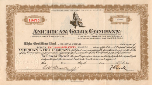 American Gyro Company stock certificate 1934