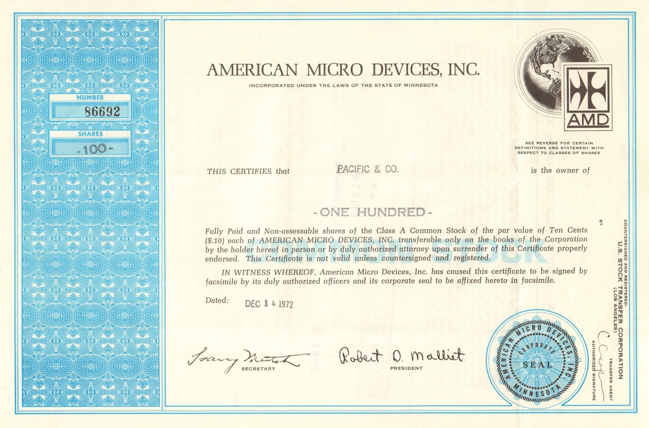 American Micro Devices stock certificate 1972 (Minnesota)
