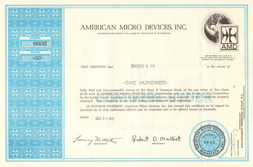 American Micro Devices stock certificate 1972 (Minnesota) 
