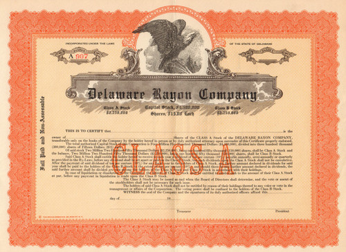 Delaware Rayon Company stock certificate circa 1926 