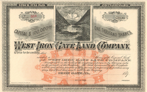 West Iron Gate Land Company stock certificate circa 1890 