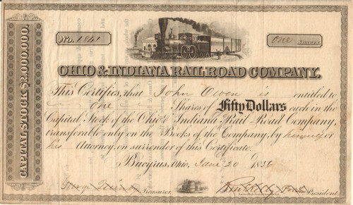 Ohio and Indiana Railroad Company stock certificate 1856