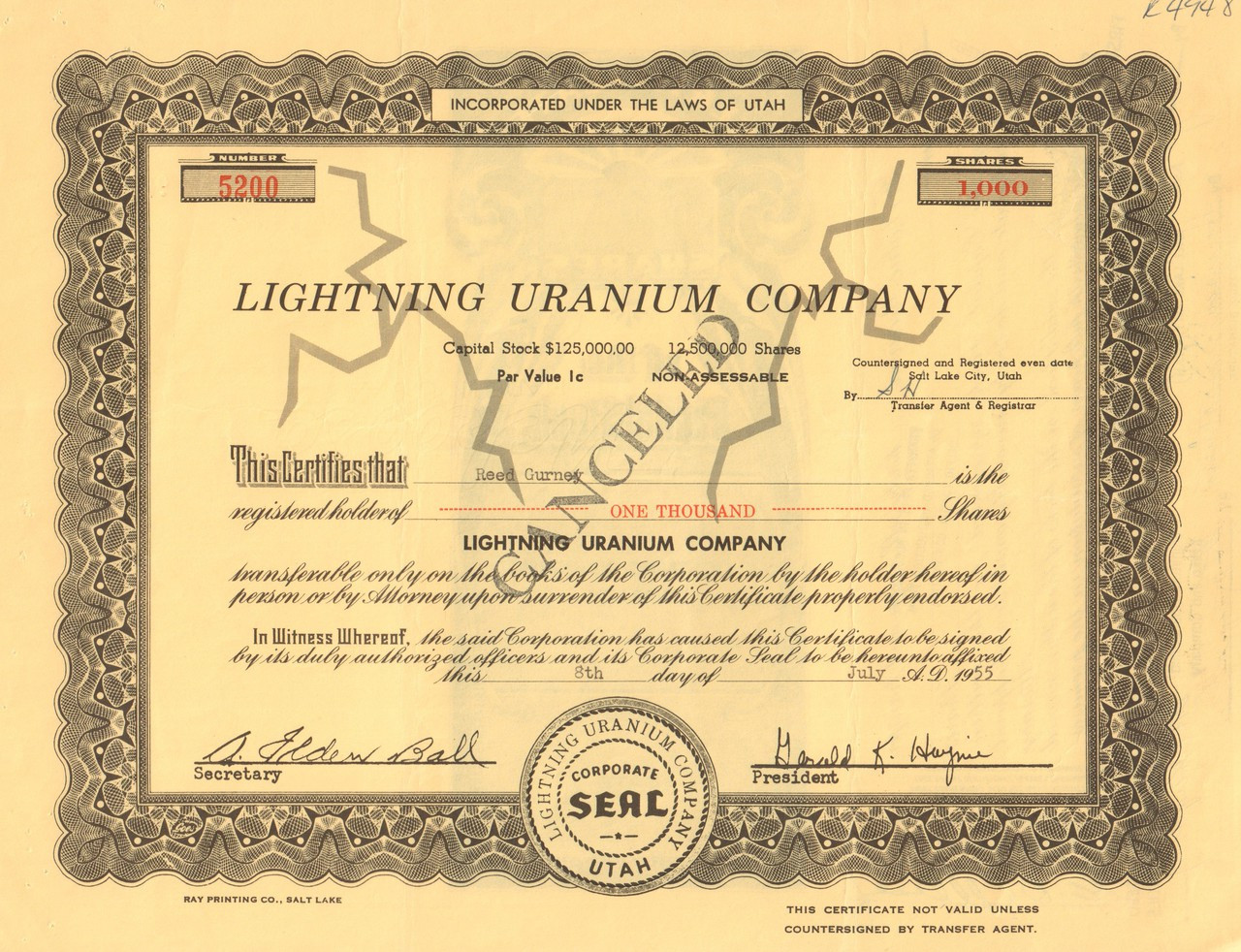 Lightning Uranium Company > Salt Lake City Utah mining stock certificate 