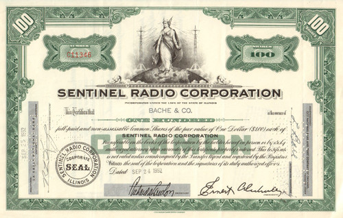 Sentinel Radio Corporation stock certificate 1952 (Illinois)