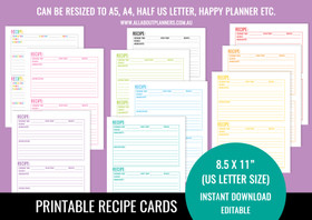 Recipe Card Printables (Half Page) - Rainbow