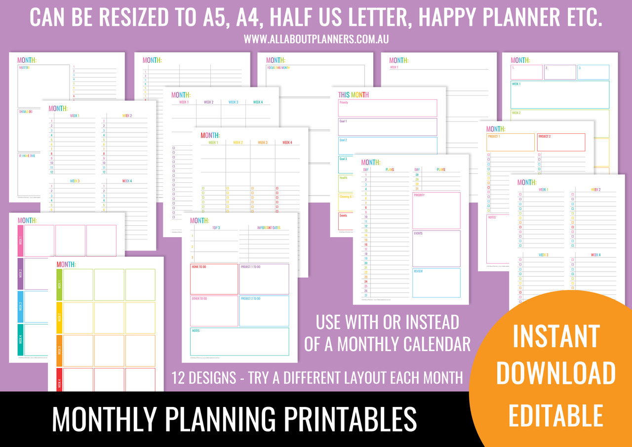 monthly planning printables, editable, instant download, all about planners, rainbow, editable ...