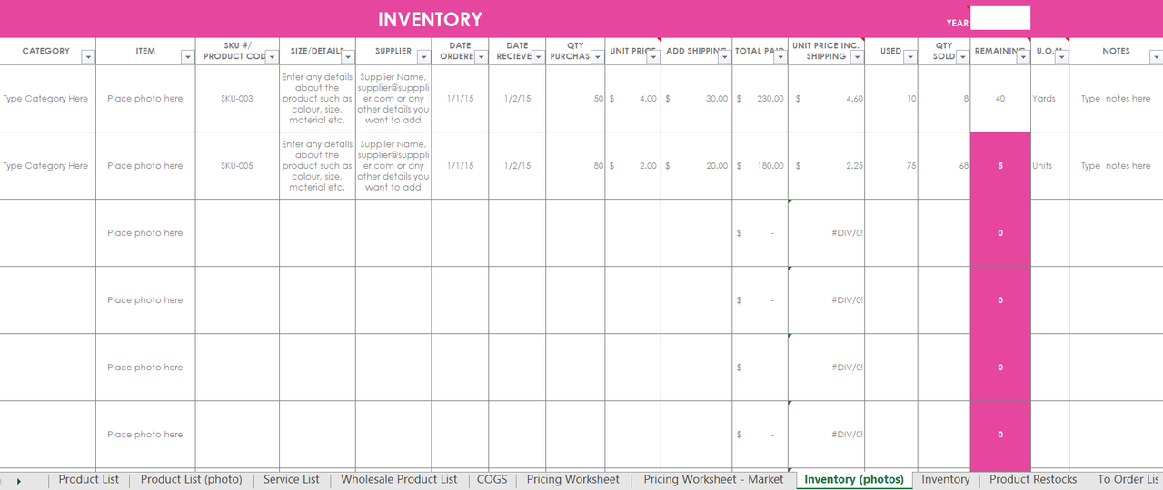 Inventory spreadsheet etsy seller tool shop management (Excel or Google Docs) - Pink - All About ...
