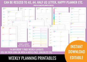 1 Page Weekly Planner Printables - Rainbow (Portrait page orientation)