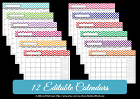Multi-coloured EDITABLE - Chevron Calendars - INSTANT DOWNLOAD