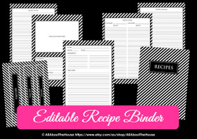 EDITABLE Recipe Binder Printables - Black Stripe - INSTANT DOWNLOAD