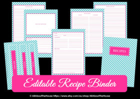 EDITABLE Recipe Binder Printables - Blue Stripe & Pink - INSTANT DOWNLOAD
