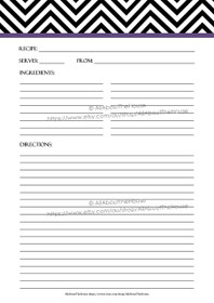 EDITABLE - Printable Chevron Recipe Card Sheet -  black, 1 - INSTANT DOWNLOAD