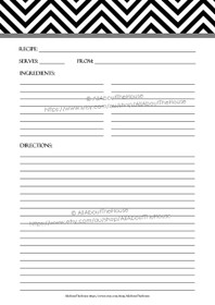 EDITABLE - Printable Chevron Recipe Card Sheet -  black, 24 - INSTANT DOWNLOAD