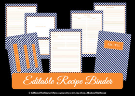 EDITABLE Recipe Binder Printables - Navy Orange - INSTANT DOWNLOAD