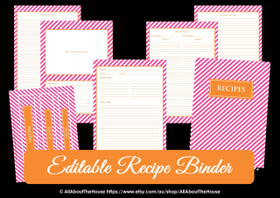 EDITABLE Recipe Binder Printables - Pink Orange Stripe - INSTANT DOWNLOAD