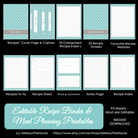 EDITABLE - Blue Quatrefoil Recipe Binder & Meal Planning Printables - INSTANT DOWNLOAD