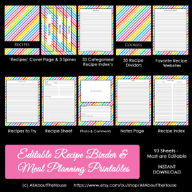 EDITABLE - Rainbow Stripe Recipe Binder & Meal Planning Printables - INSTANT DOWNLOAD