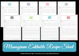 EDITABLE - Monogram Recipe Sheet