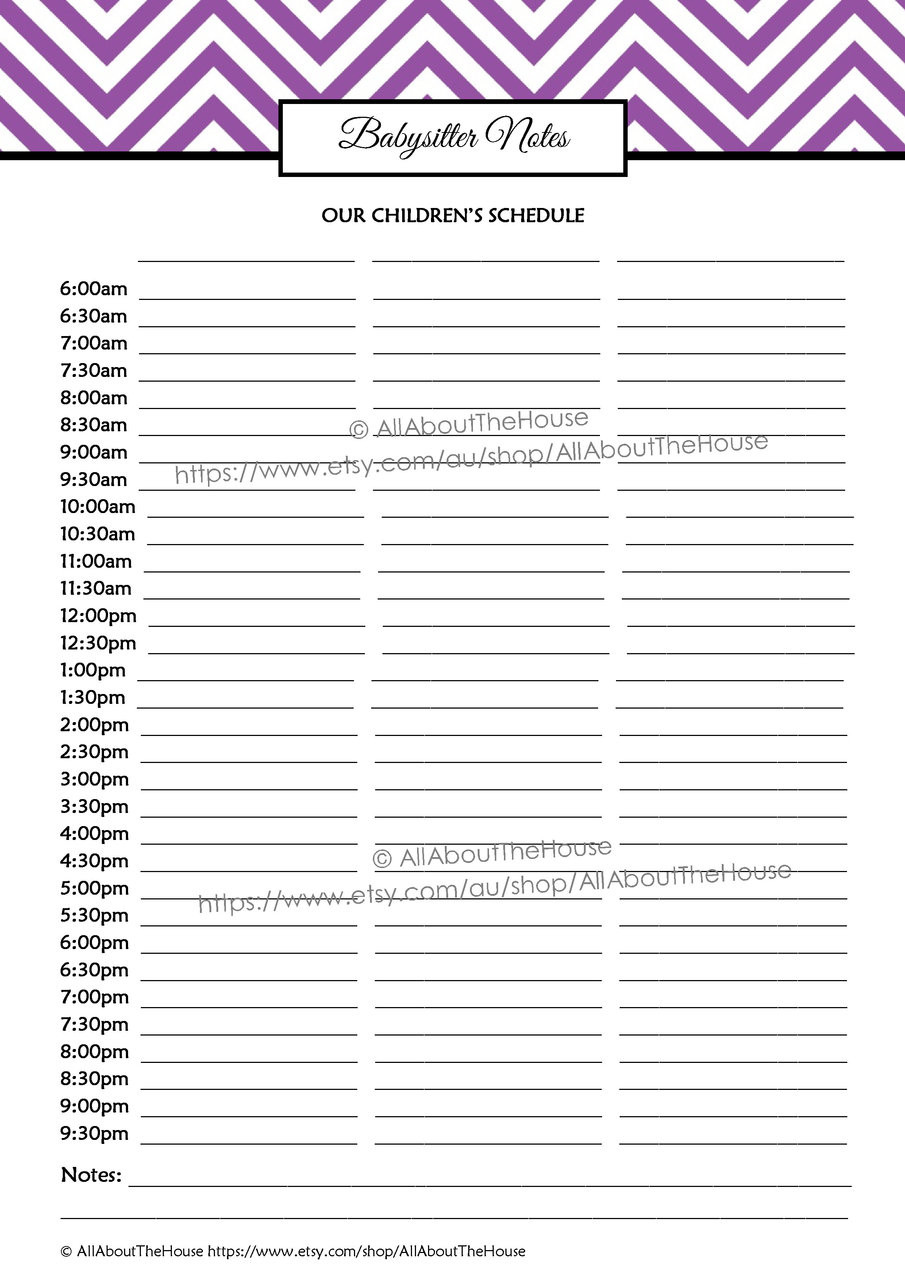babysitter notes editable purple