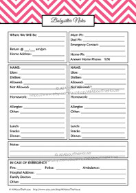 Babysitter Notes - EDITABLE - Pink - INSTANT DOWNLOAD