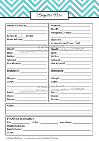 Babysitter Notes - EDITABLE - Light Blue - INSTANT DOWNLOAD