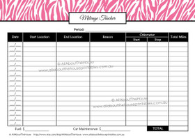 Mileage Tracker Printable - Pink Zebra - EDITABLE - INSTANT DOWNLOAD