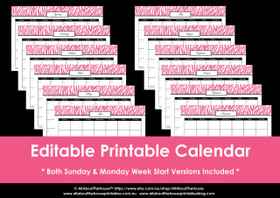 Editable perpetual printable calendar - Pink Zebra Instant Download