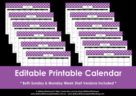 Editable perpetual printable calendar - Purple Polka Dot - Instant Download