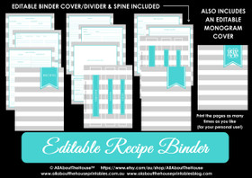 Grey Stripe & Aqua Recipe Binder - EDITABLE - INSTANT DOWNLOAD