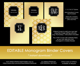 EDITABLE Monogram Binder Covers - Gold & Black (Set 4)